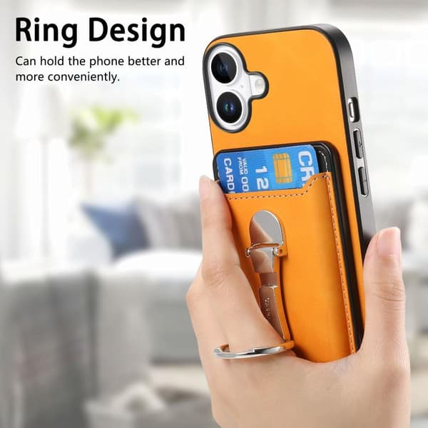 iPhone 17 Skal med Retro Fällbart Ringhållare och Kortfack MagSafe Gul