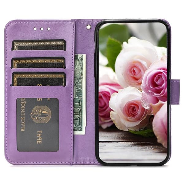 Redmi Note 14 Pro 4G Global - Rose Butterfly Prägad Läderfodral Purpur