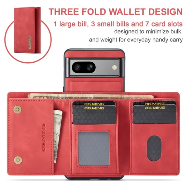 för Pixel 8A Skal DG.MING M1 Series 3-Faldig Multi Card Plånbok + Magnetisk Telefonfodral Röd