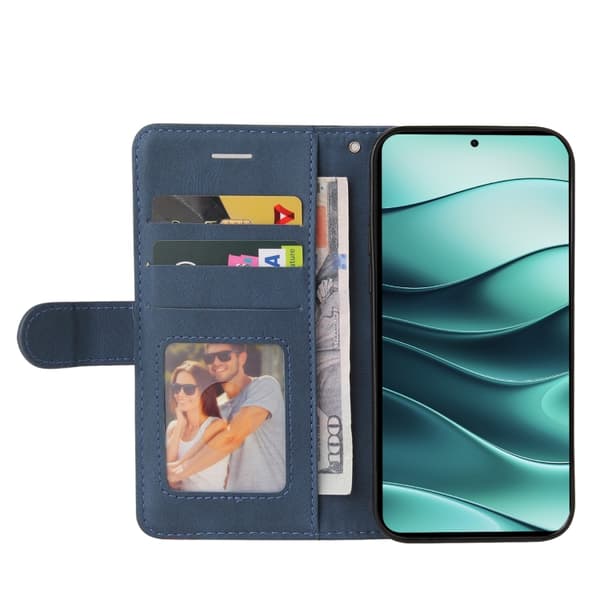 Redmi Note 14 5G - Flip Leather Mobilfodral med Tvåfärgad Splicing Design Blå