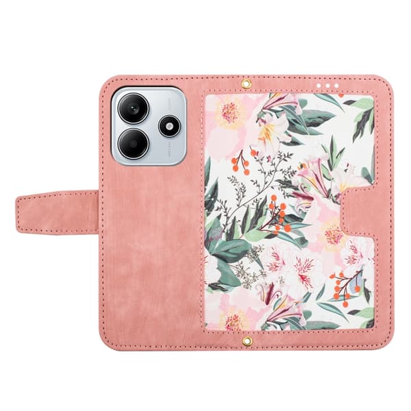 Redmi Note 14 5G - Blommönstrad Läderfodral med Lanyard Rosa