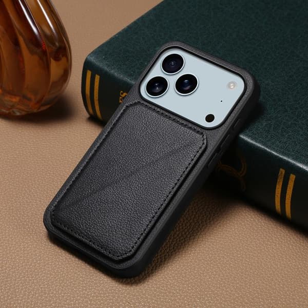 iPhone 18 Pro / iPhone 17 Pro Skal - kalvtextur med dubbla kortfack Svart