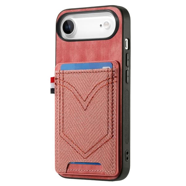 iPhone 17 Air Skal - Denim Textur Läder med Kortfack Rosa