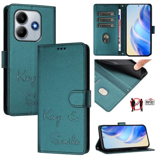 Redmi Note 14 5G - RFID Läderfodral med Smile Embossing Påfågelgrön