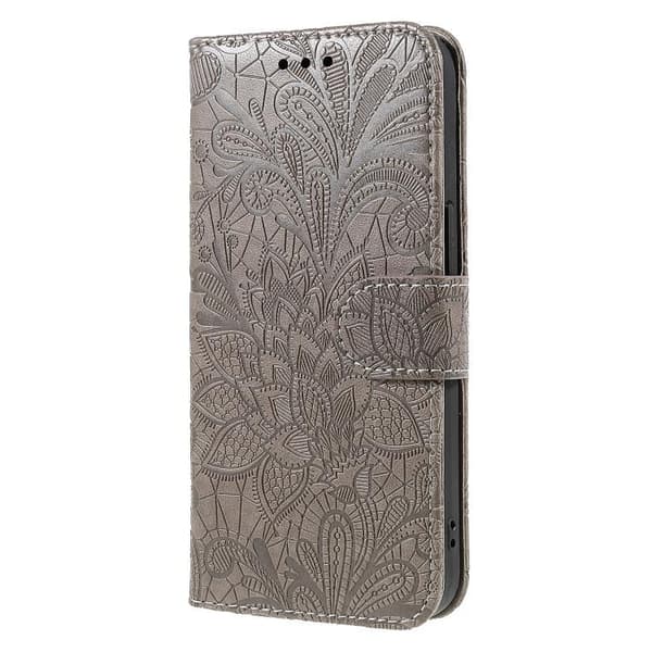 iPhone 17 Pro Max Skal läderfodral med spetsblommor och präglad design Grå
