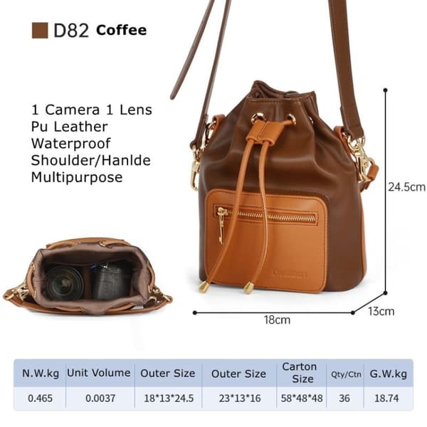 Cwatcun D82 Bundle Dragsnöre Linsväska PU Crossbody Kameraväska Kaffe