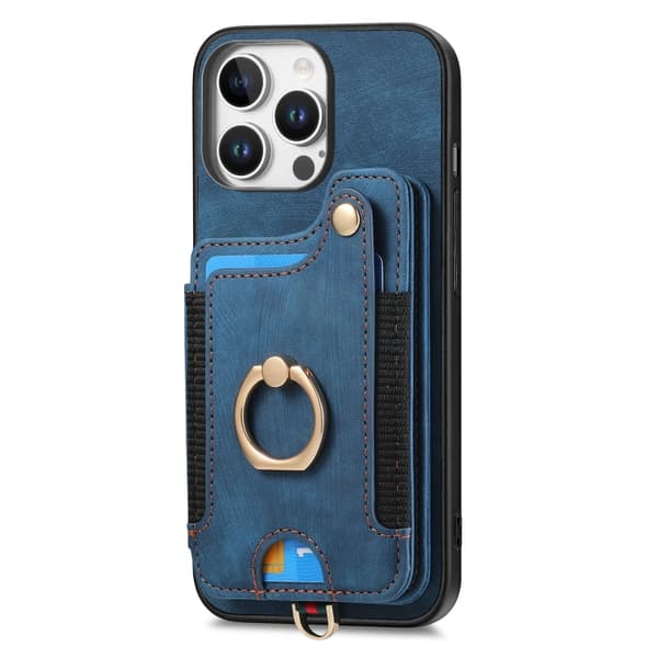 iPhone 16 Pro Retro Skinnkänsla Ring Multi-kort Plånboks Skal Blå