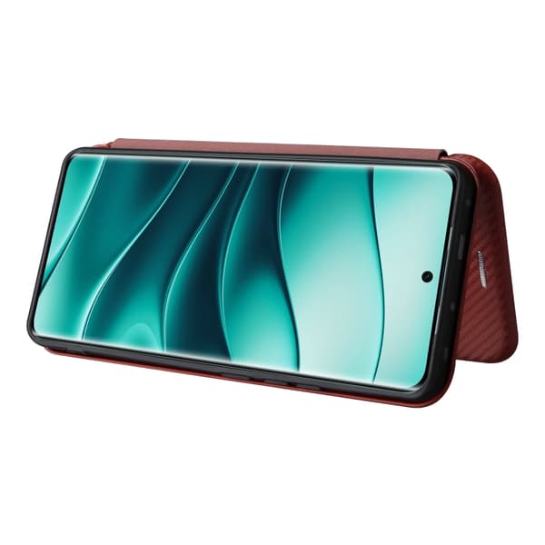 Redmi Note 14 Pro 4G Global - Flip Läderfodral med Kolfibertextur Brun