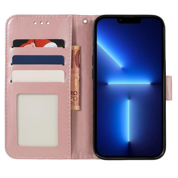 iPhone 18 Pro Max / iPhone 17 Pro Max Skal läderfodral med spetsblommor och präglad design Roséguld
