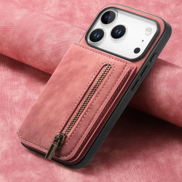 iPhone 18 Pro / iPhone 17 Pro Retro Läder Zipper Skal Rosa