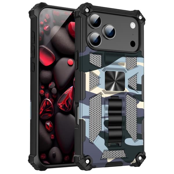 iPhone 18 Pro Max / iPhone 17 Pro Max Skal med Kamouflage, Armor Kickstand TPU + PC Magnetisk Marinblå