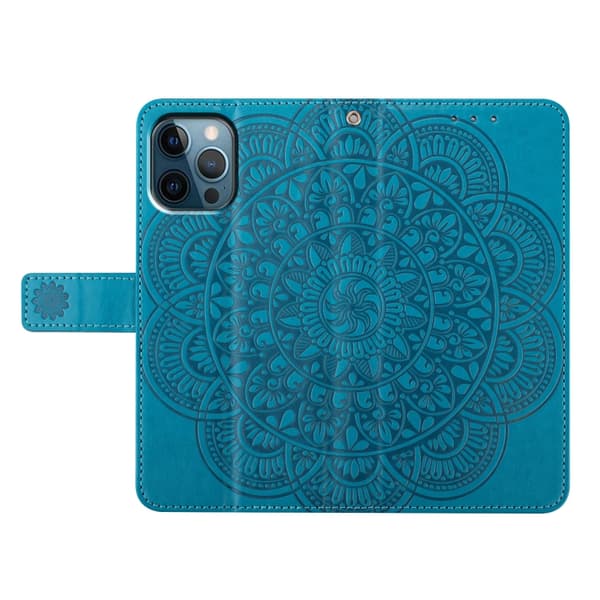 iPhone 16 Pro Max Blomsterpräglat Läderfodral - Elegant Skal för iPhone 16 Pro Max Blå