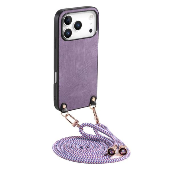 iPhone 18 Pro / iPhone 17 Pro Vintage Läder PC Bakskydd med Crossbody Rem Purpur