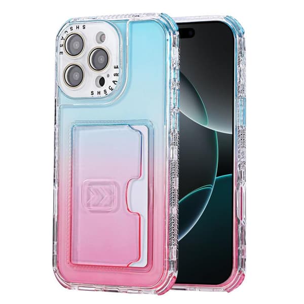 iPhone 16 Pro Gradient 3-i-1 Kortväska TPU Stötsäker Skal Himmelsblå Rosa