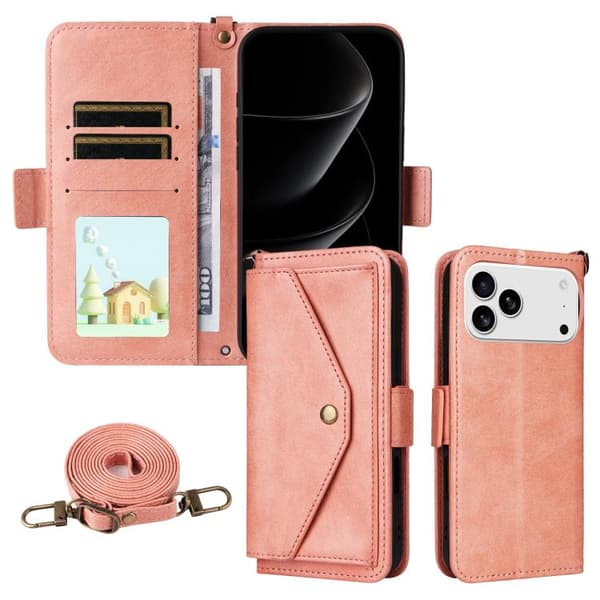 iPhone 18 Pro Max / iPhone 17 Pro Max Skal läderfodral med flera kortfack - nötköttsläder Rosa
