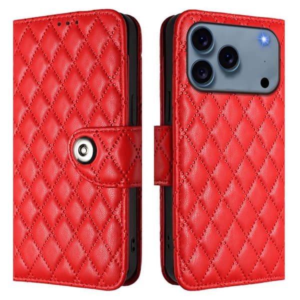 iPhone 18 Pro Max / iPhone 17 Pro Max Skal läderfodral med rhombisk textur och lanyard Röd