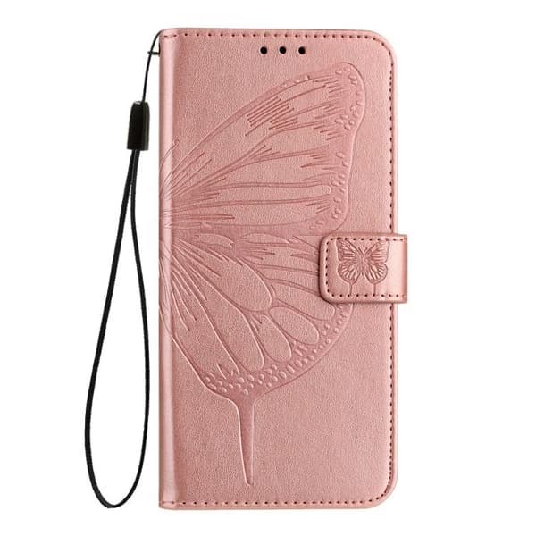 iPhone 18 Pro Max / iPhone 17 Pro Max Skal Läderfodral med Pr präglad Fjäril Roséguld