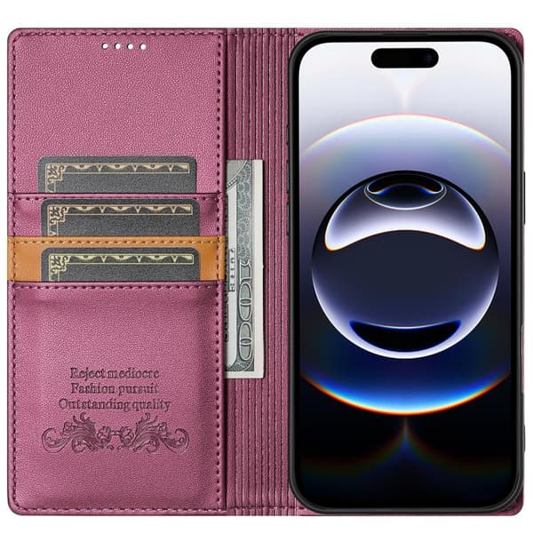 iPhone 18 Pro Max / iPhone 17 Pro Max Skal läderfodral N.BEKUS P3 RFID med magnetisk flip Vinrött