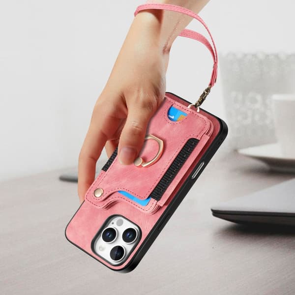 iPhone 16 Pro Max Retro Skinnkänsla Ring Multi-kort Plånboks Skal Rosa