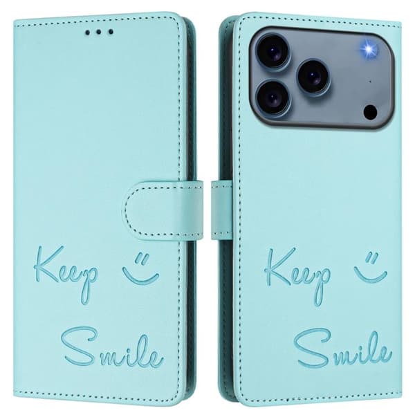 iPhone 18 Pro Max / iPhone 17 Pro Max Skal läderfodral med Smile Embossing och RFID Mintgrön