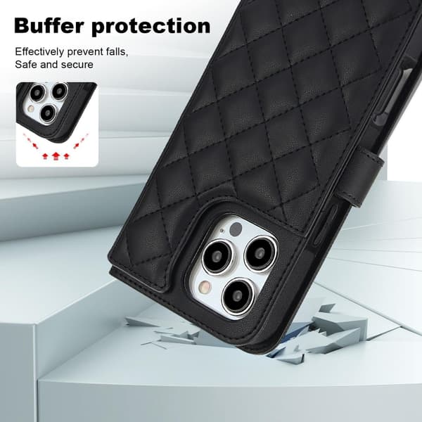 iPhone 16 Pro Max Skal Rhombisk Multifunktionellt Läderfodral Svart