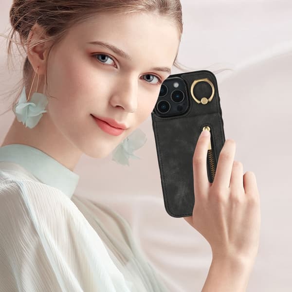 iPhone 16 Pro Retro Ring och Zipper RFID Kortfack Skal Svart