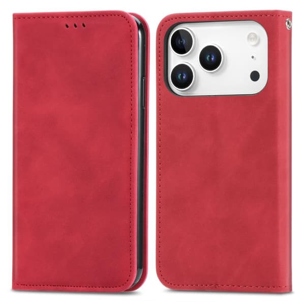 iPhone 18 Pro Max / iPhone 17 Pro Max Skal läderfodral med retro känsla och magnetisk flip Röd