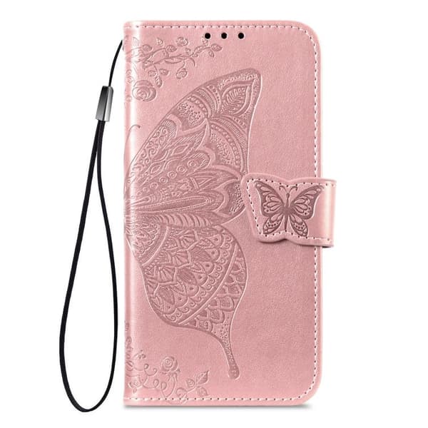 iPhone 18 Pro Max / iPhone 17 Pro Max Skal läderfodral med fjäril och blomma - relief Roséguld