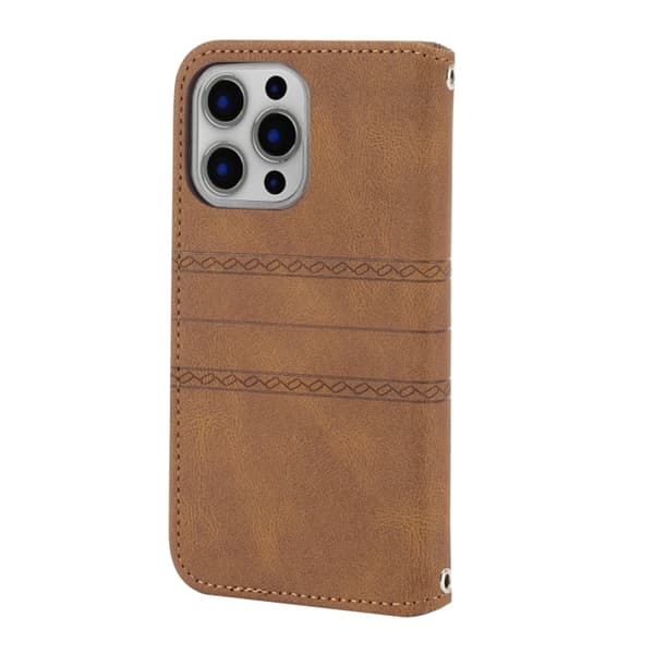 iPhone 16 Pro Embossed Stripes Skal Läder Fodral Brun