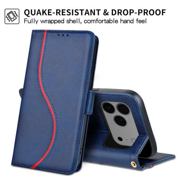 iPhone 18 Pro / iPhone 17 Pro Skal läderfodral med sidobuckle S-kurva Blå