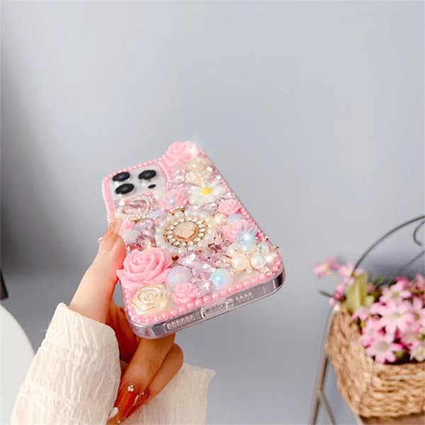 iPhone 16 Pro Diamantinlagd Ros PC Skal Vit
