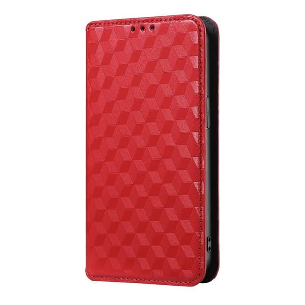 iPhone 16 Pro Max Cubic Grid Texture Skal Läder Fodral Röd