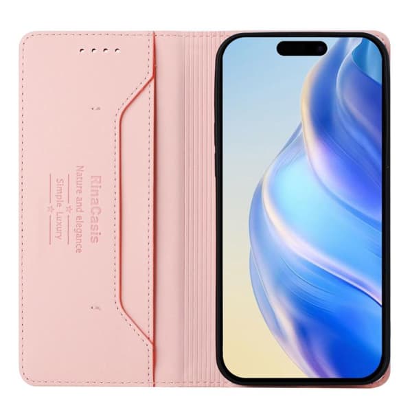iPhone 18 Pro Max / iPhone 17 Pro Max Skal läderfodral med dubbelvikts magnetisk sug och RFID Rosa