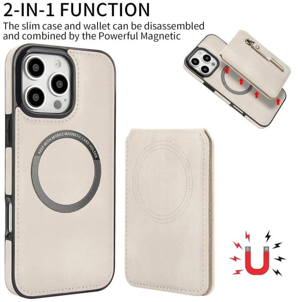 iPhone 16 Pro Zipper Wallet Split MagSafe Läder Fodral Skal Vit