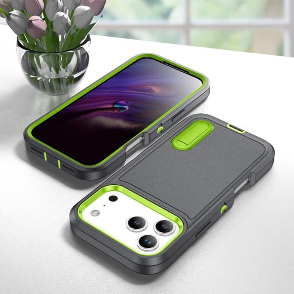iPhone 18 Pro Max / iPhone 17 Pro Max Skal - robust PC + silikon med hållare Grå + Friskgrön