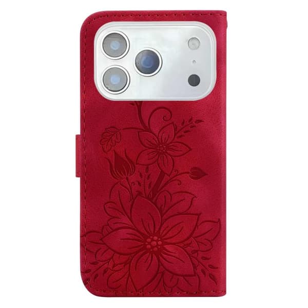 iPhone 18 Pro Max / iPhone 17 Pro Max Skal Läderfodral med Lily Prägling Röd