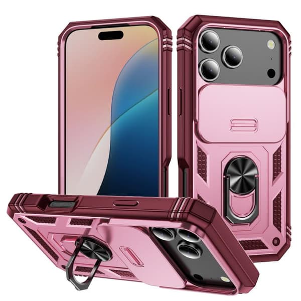 iPhone 18 Pro / iPhone 17 Pro Skal med Sliding Camshield TPU + PC och Hållare Rosa + Rosröd