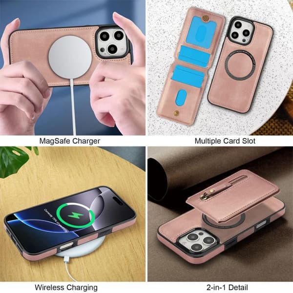 iPhone 16 Pro Zipper Wallet Split MagSafe Läder Fodral Skal Roséguld