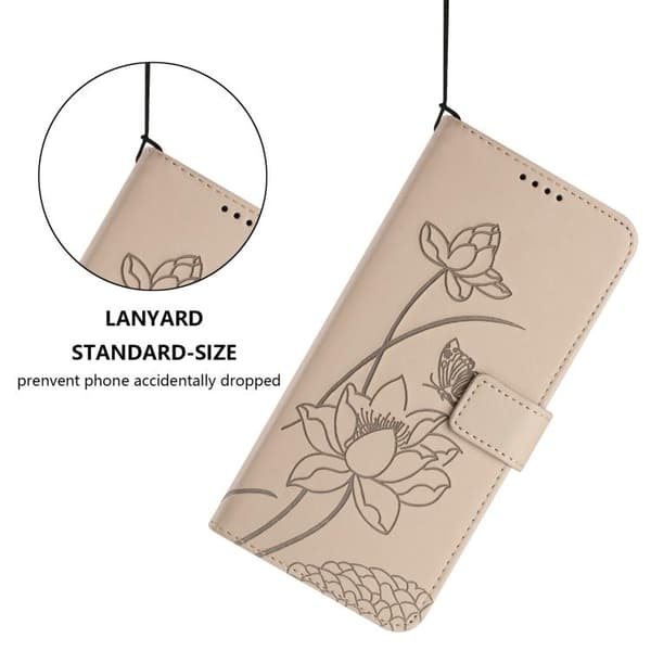 iPhone 18 Pro Max / iPhone 17 Pro Max Skal Läderfodral med Lotus Prägling och Lanyard Beige