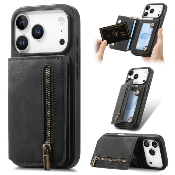 iPhone 18 Pro Max / iPhone 17 Pro Max Retro Läder Dragkedja Plånbok Skal Svart