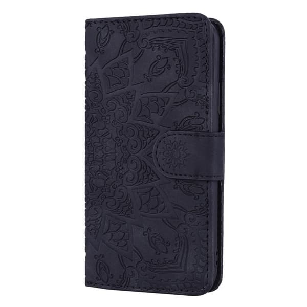 iPhone 18 Pro / iPhone 17 Pro Skal läderfodral med mandala präglad design - dubbelvik Svart