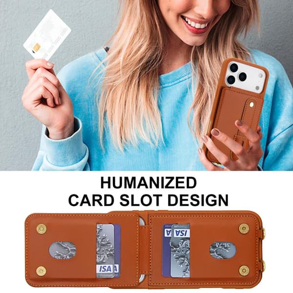 iPhone 17 Pro Skal med Handledsrem och Vertikal Flip Wallet Brun
