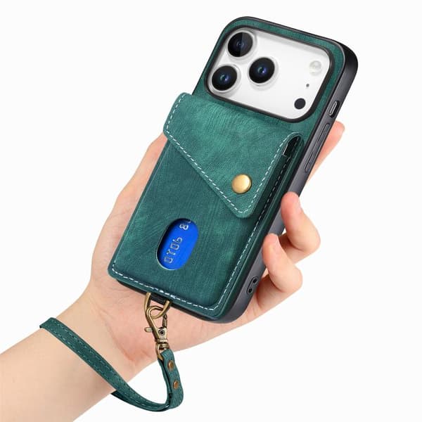 iPhone 17 Pro Max Skal läderfodral med retro kortficka och rem Grön