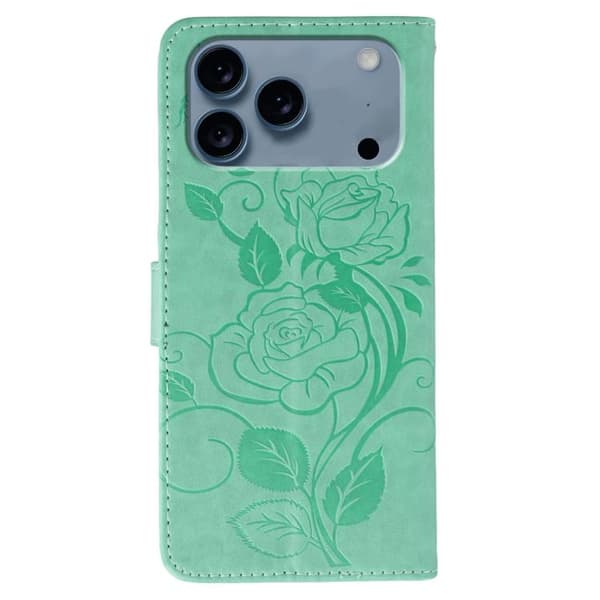 iPhone 18 Pro / iPhone 17 Pro Skal Läderfodral med Rosafärgad Fjäril Prägling Grön