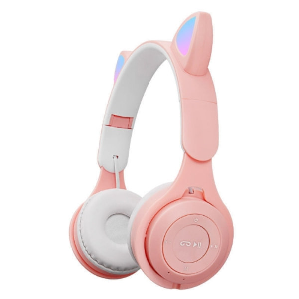 M6 Lysande Kattöron Tvåfärgad Fällbar Bluetooth Headset med 3,5 mm Jack & TF-kortplats Rosa