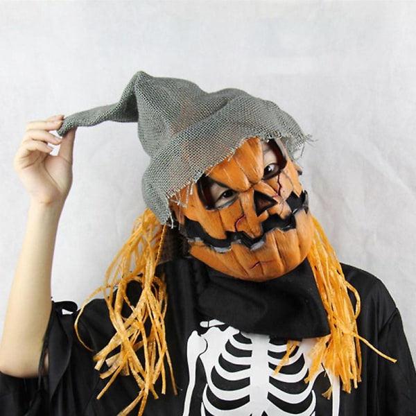 Halloween Fågelskrämma Pumpa Skalle Latex Mask Med Hatt Spöklik Cosplay Fest Karneval Maskerad Dräkt rekvisita