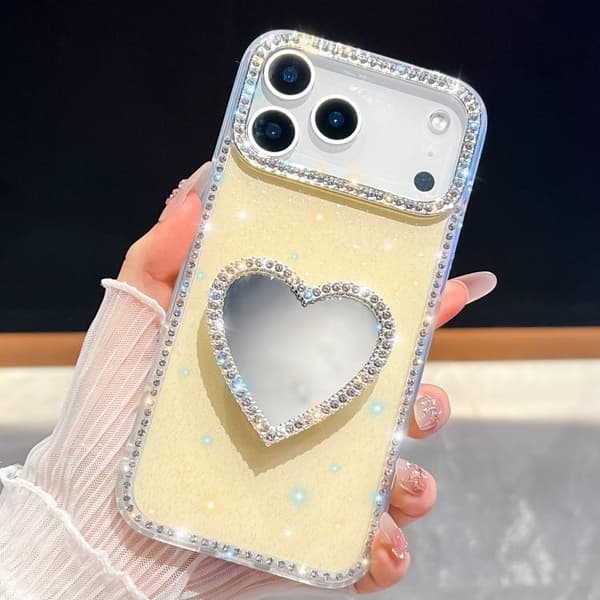 iPhone 18 Pro Max / iPhone 17 Pro Max Skal med Diamant Glittrande Spegel och Hjärthållare Ljusgul