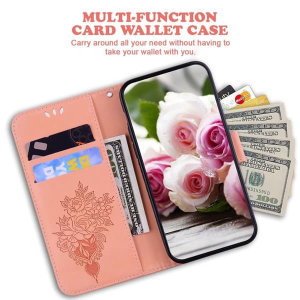 iPhone 18 Pro / iPhone 17 Pro Skal Läderfodral med Embossed Butterfly Rose Rosa