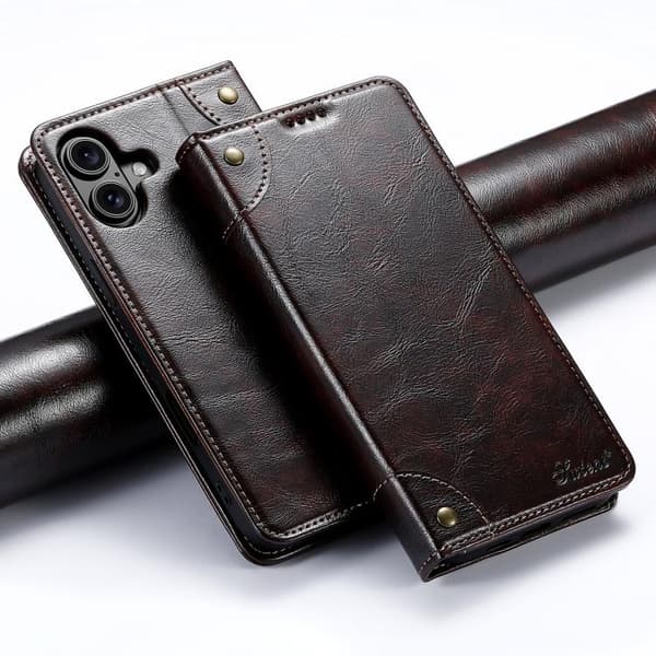 iPhone 17 Skal läderfodral - Baroque Kalvtextur med Spänne Brun