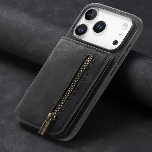 iPhone 18 Pro Max / iPhone 17 Pro Max Retro Läder Dragkedja Plånbok Skal Svart